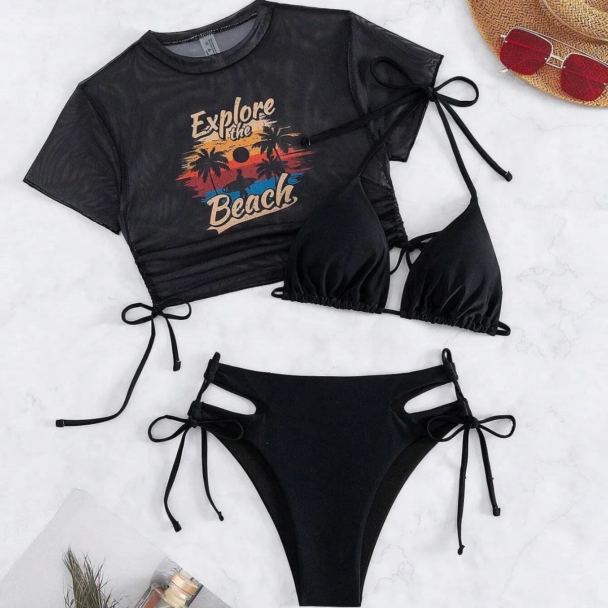 Women's three-piece bikini swimsuit set with short sleeves and high-waisted shorts in nylon spandex fabric