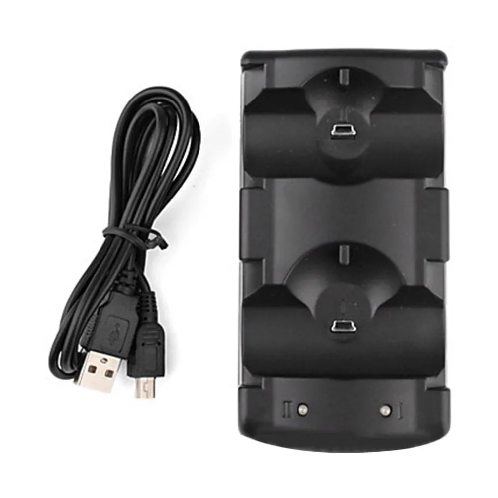 Black PlayStation 3 dual controller charging dock with USB cable on a white background.