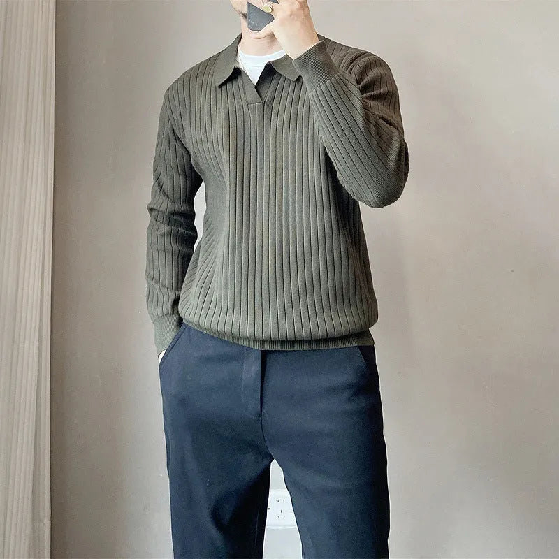 Men's loose knit sweater in army green colour with textured rabbit fur modal fabric