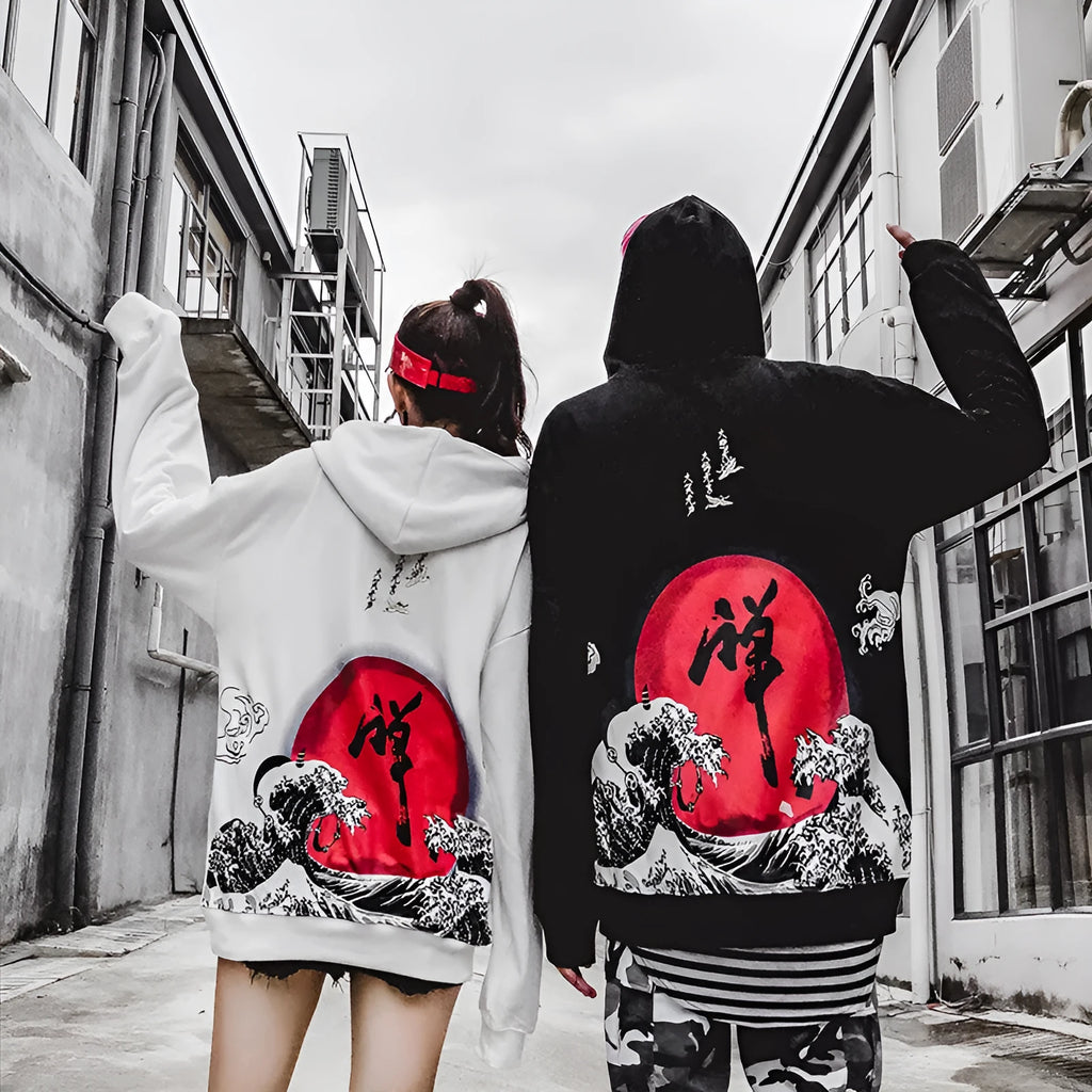 Men hooded sweatshirt loose fit digital print polyester black white casual sports top