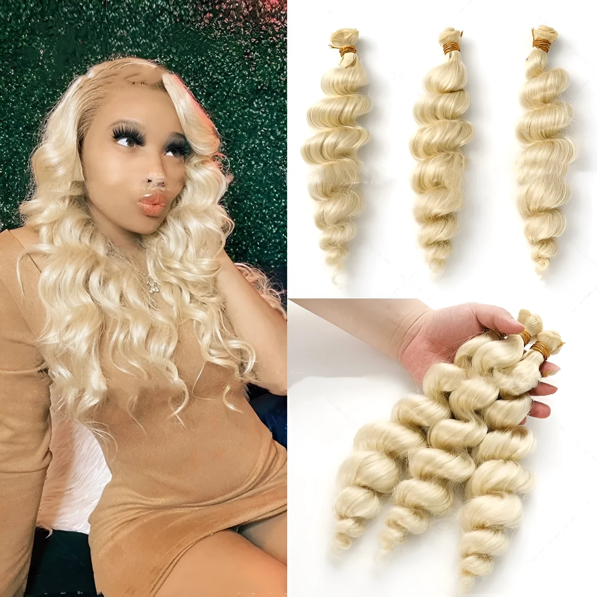 Golden synthetic hair weft wig for women, shown in 18, 20, and 22 inch lengths.