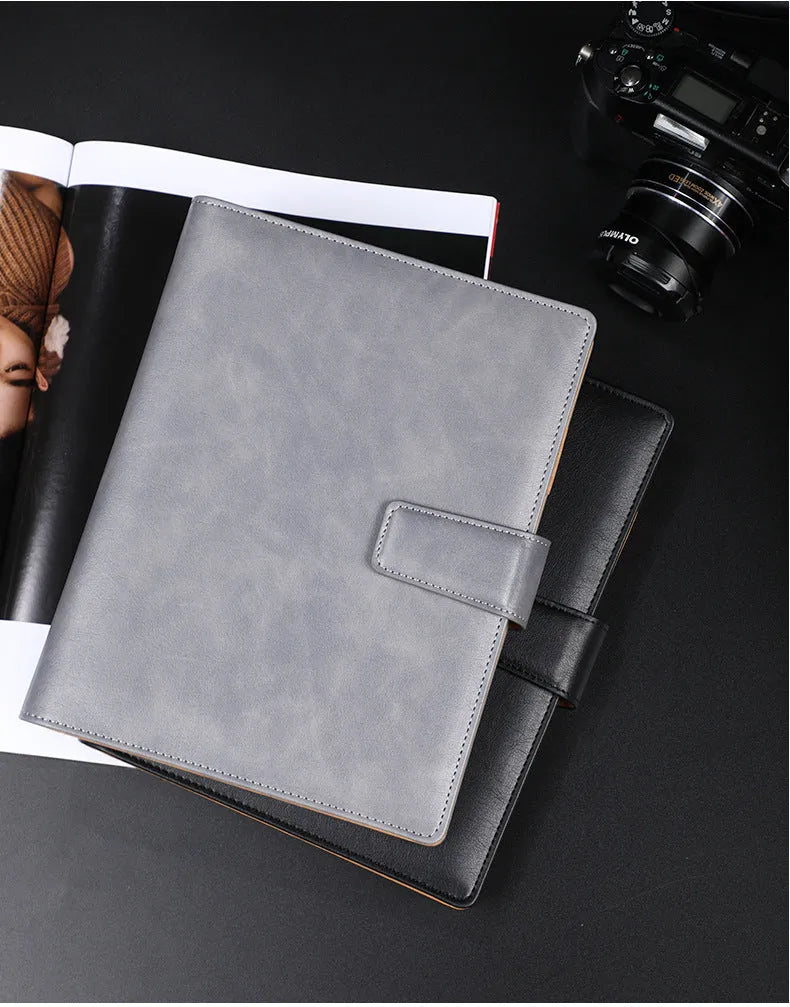 A5 leather notebook with 6-hole binder clip in black, blue, brown, grey or red colours