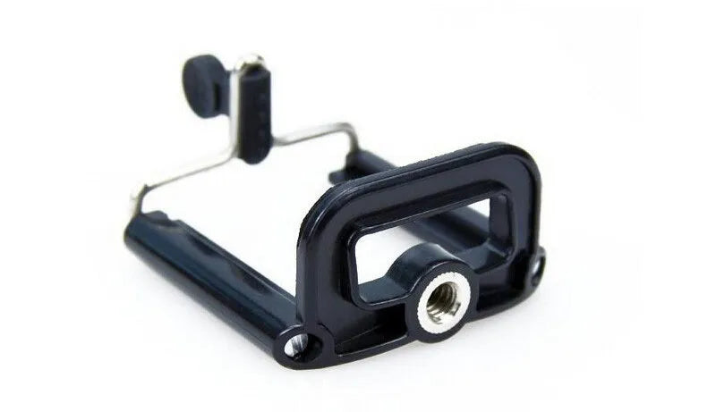 Black mini desktop camera tripod with extended legs and a U-shaped phone clip attached, on a white background.