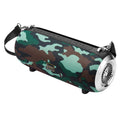 F666 square portable Bluetooth speaker with fabric mesh front, shoulder strap, and mobile phone on stand
