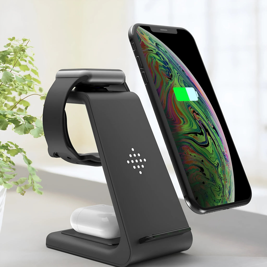 Black 3-in-1 wireless charging station for Samsung Galaxy Watch Active, Galaxy Buds, and iPhone, with 12x10x8cm dimensions