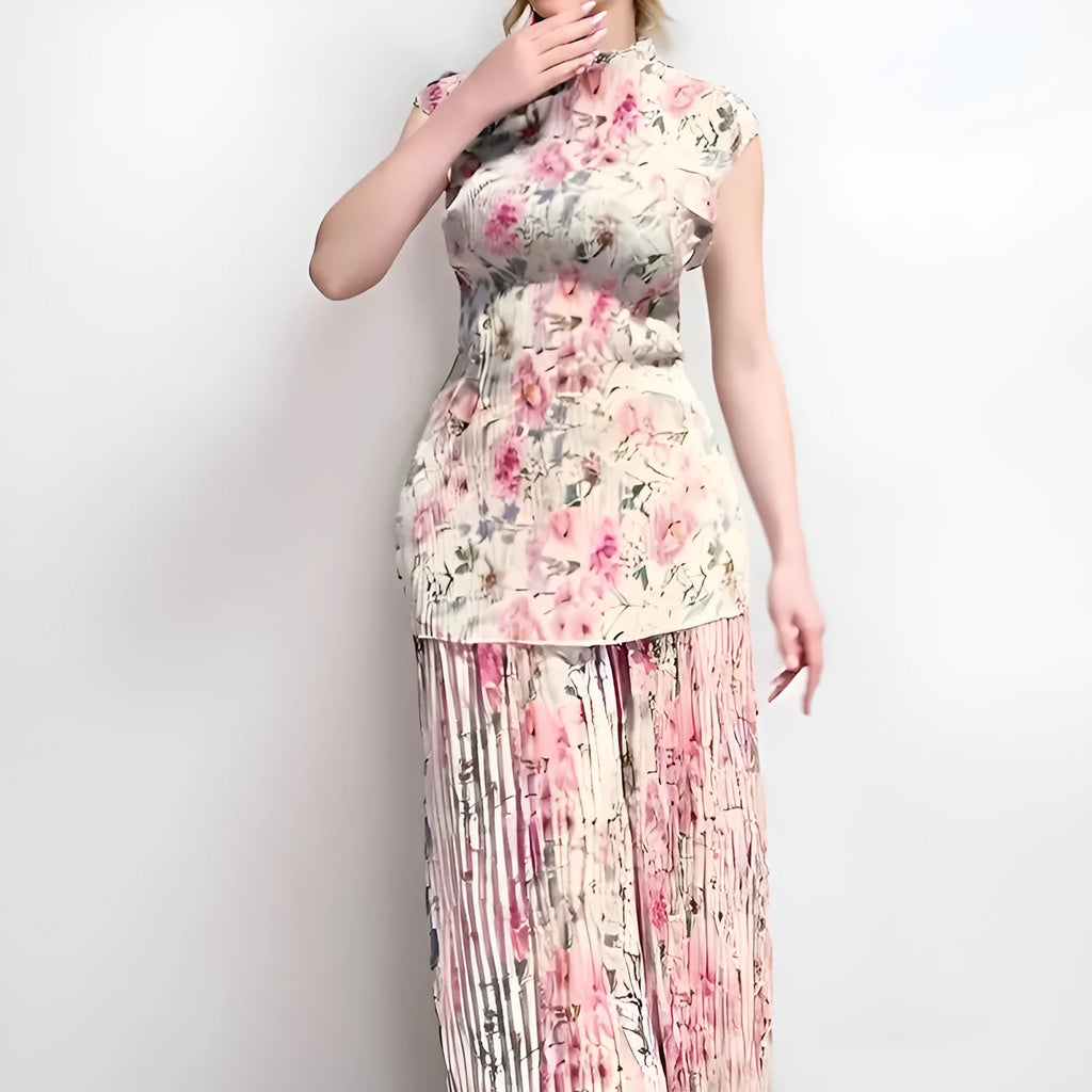 Long sleeve printed chiffon dress high waist two-piece set with matching top in picture colour.