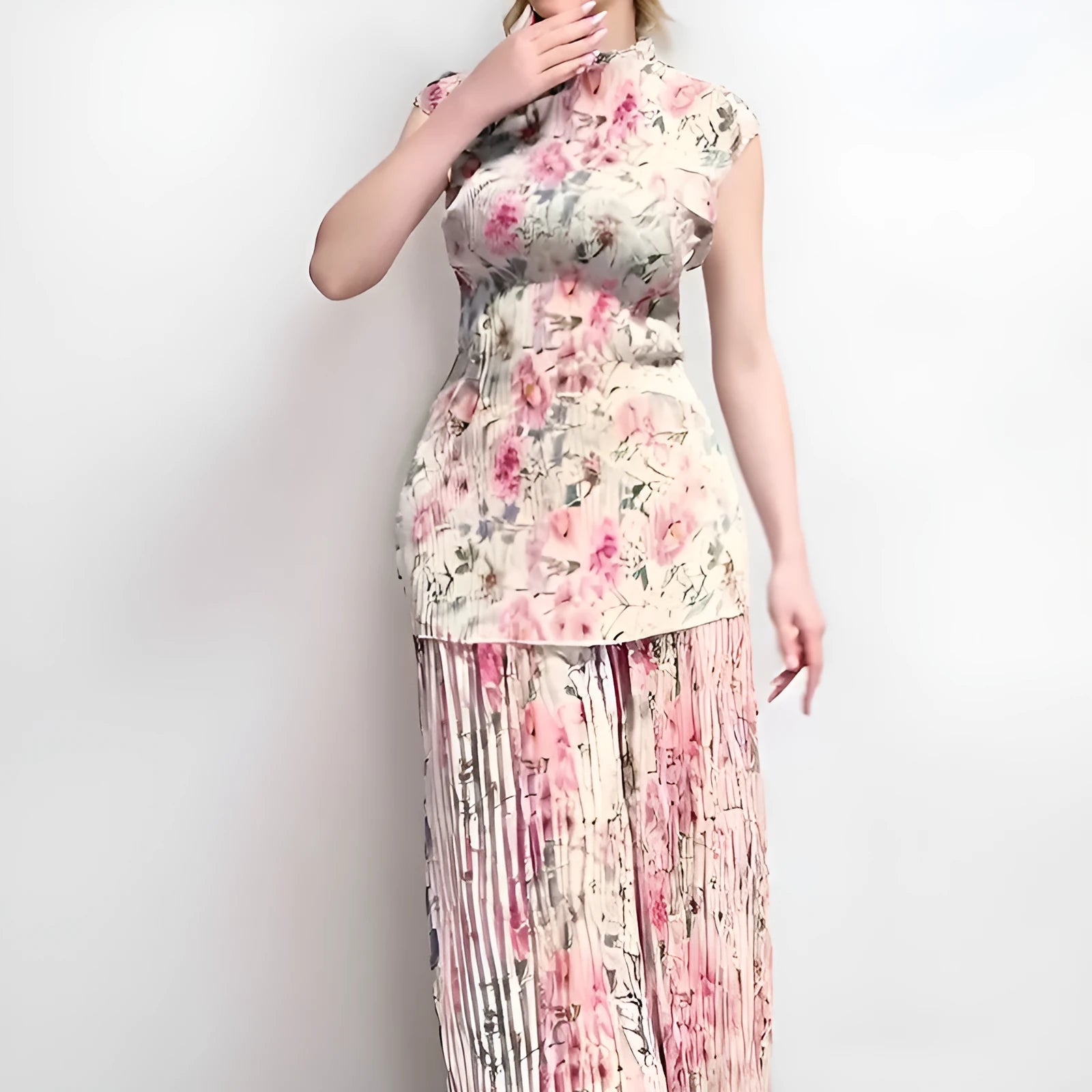 Long sleeve printed chiffon dress high waist two-piece set with matching top in picture colour.