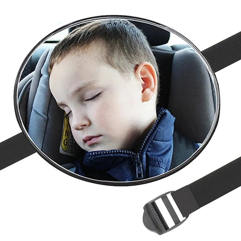 Black ABS baby safety rearview mirror with 17cm glass and adjustable strap for car seat monitoring.