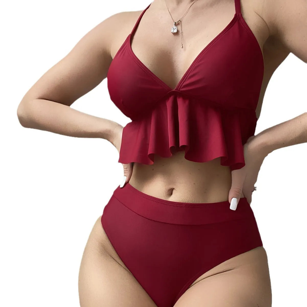 Women's solid colour bikini swimsuit in black, army green, brick red, or blue.