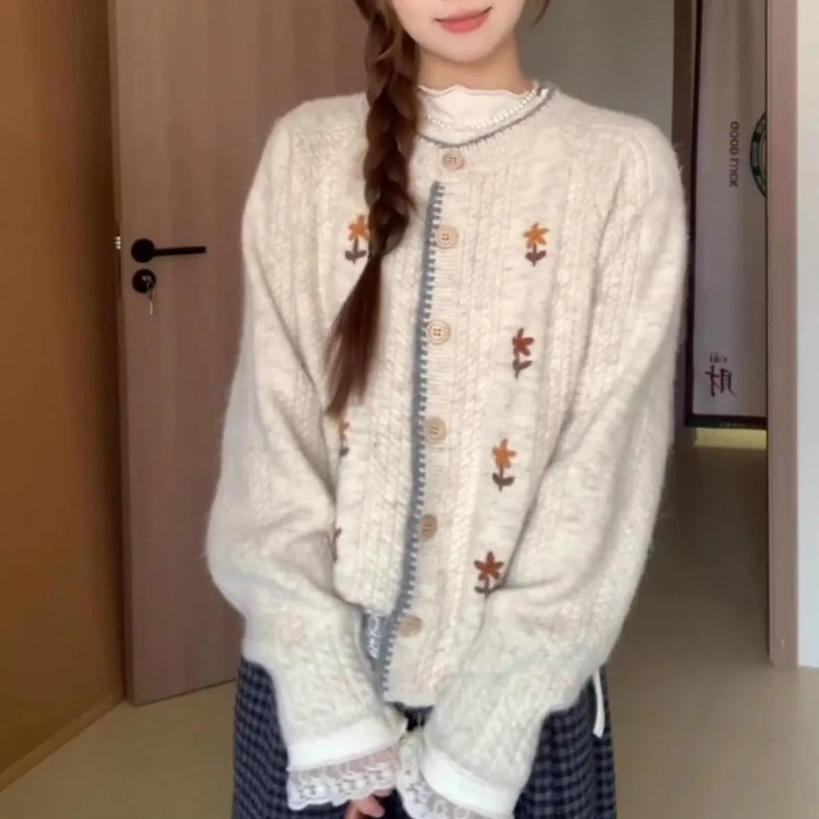 Japanese style oatmeal flower knitted cardigan for women with round neck, long sleeves and button front