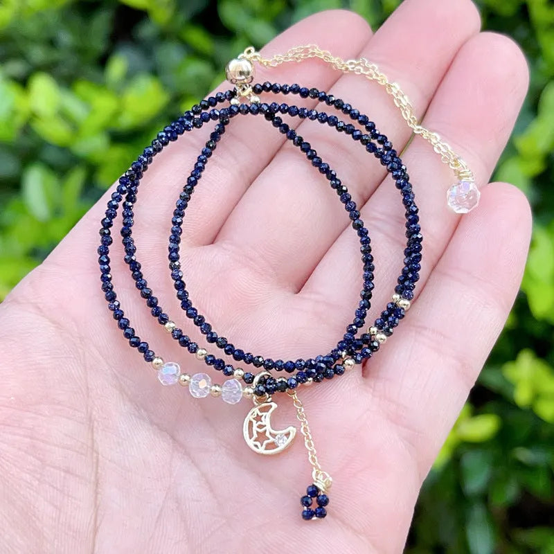 Women's multi-layer bracelet with blue gold sand stone cut three-ring design on wrist