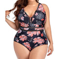 Black plus size women's bikini swimsuit with printed pattern on polyester mesh fabric.