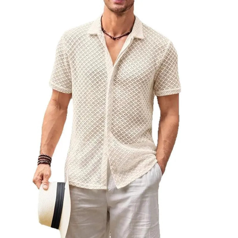 Men's solid colour lapel cardigan with short sleeves and mesh fabric on a manikin.