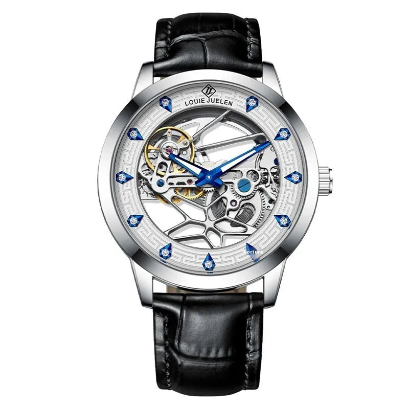 Silver men's mechanical watch with white dial, blue luminous hands, and a black leather strap.