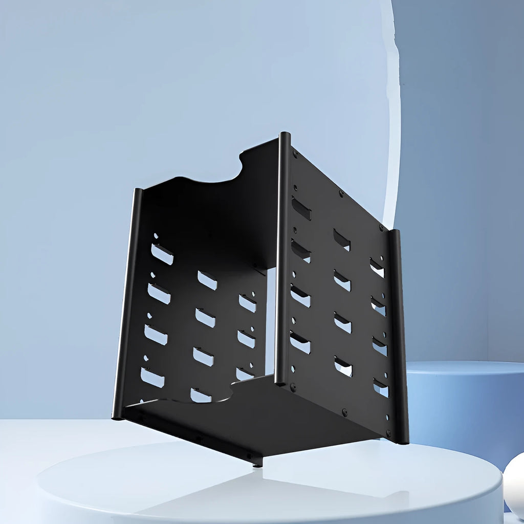 Black 5-layer metal hard drive storage bracket for 3.5-inch drives, 145x140x115mm, with screwdriver