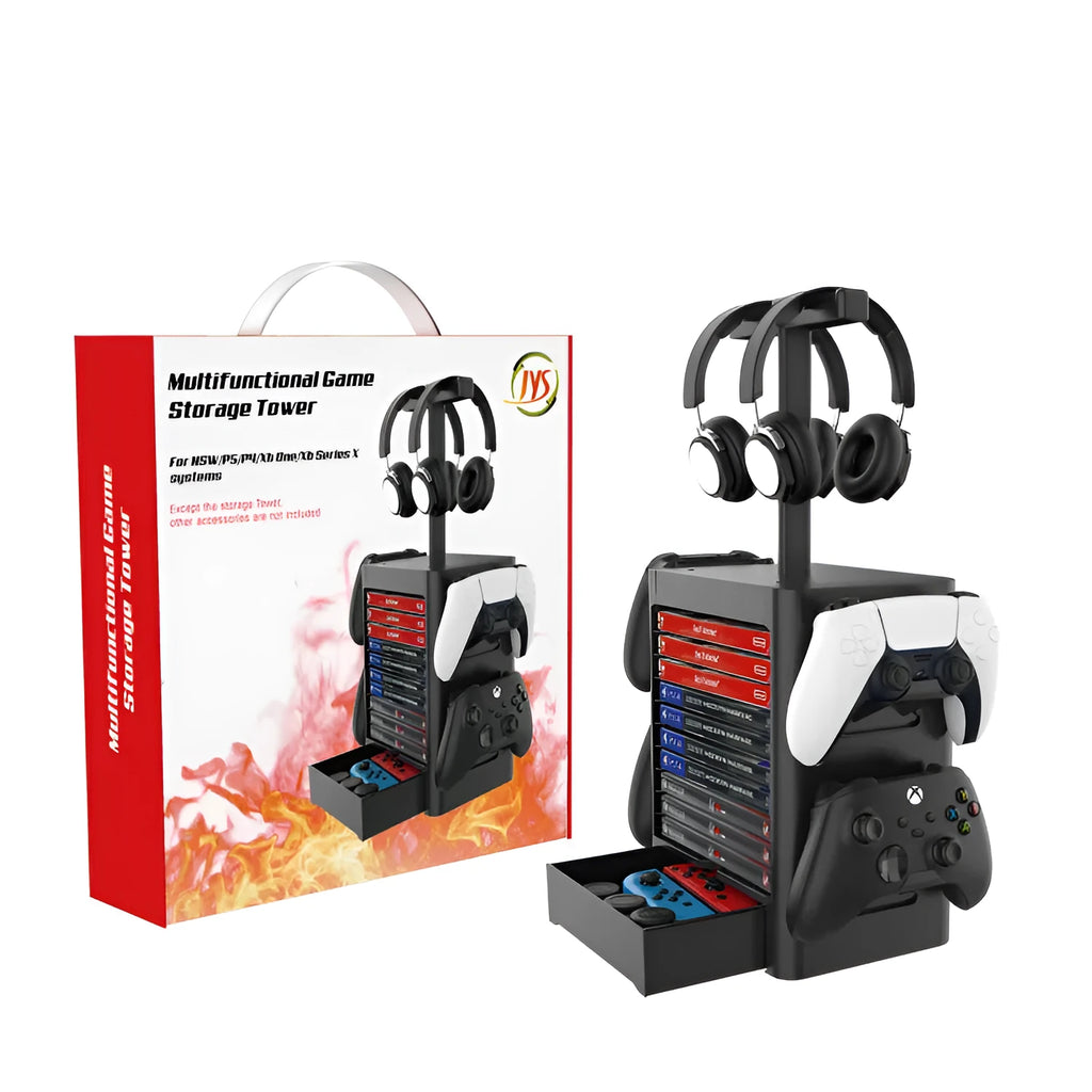 Black ABS plastic game controller and headphone storage rack with side hooks and a drawer.