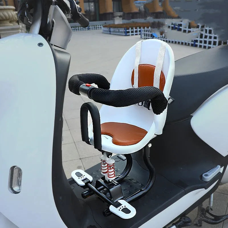 Front child seat for scooters in high carbon steel construction showing white, red and black colour options