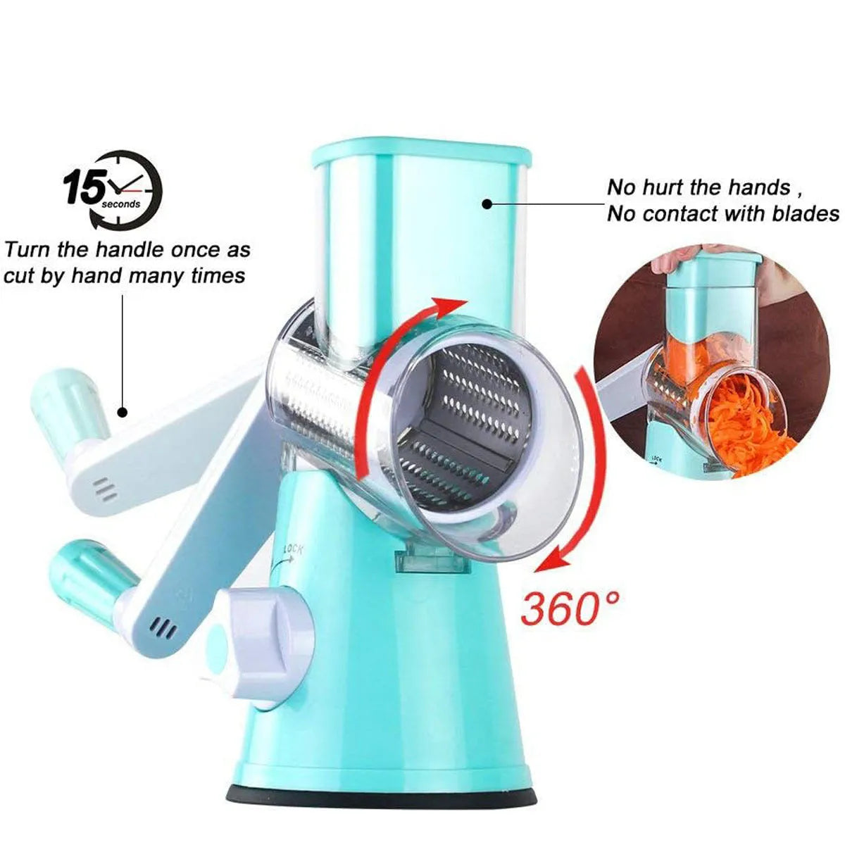 Blue round manual mandoline kitchen slicer with stainless steel blade on a countertop.