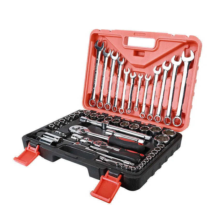 61-piece chrome vanadium steel socket wrench and auto repair tool set with metric sockets.