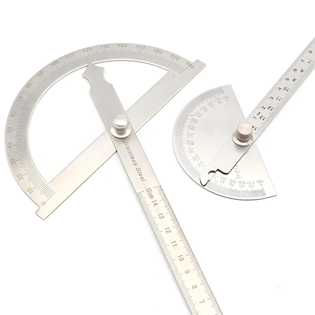 Adjustable plastic protractor showing 0-180 degree measurement scale with solid and hollow-large design options