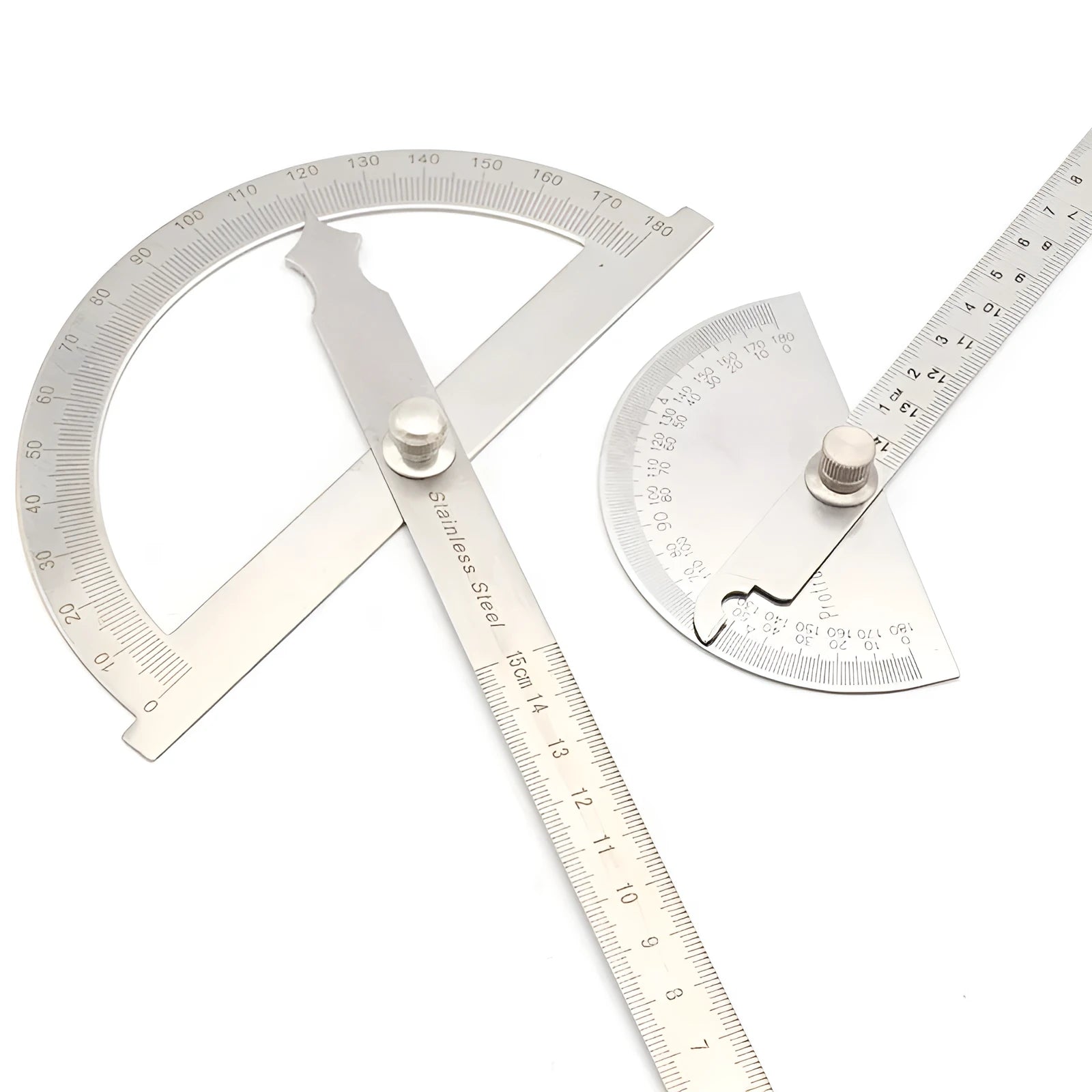 Adjustable plastic protractor showing 0-180 degree measurement scale with solid and hollow-large design options