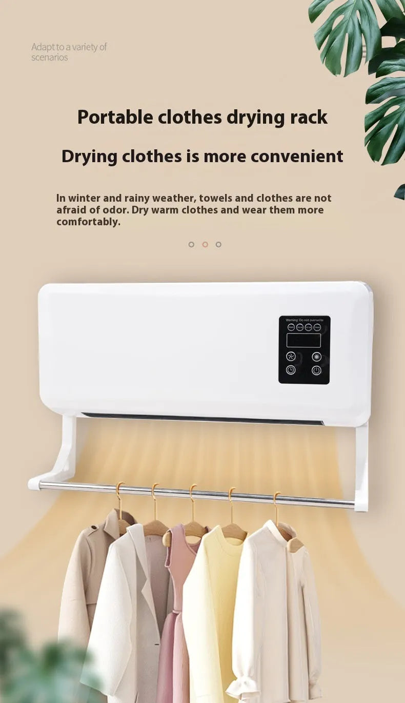 White wall-mounted warm air blower bathroom heater with digital temperature control, 42x18x12cm