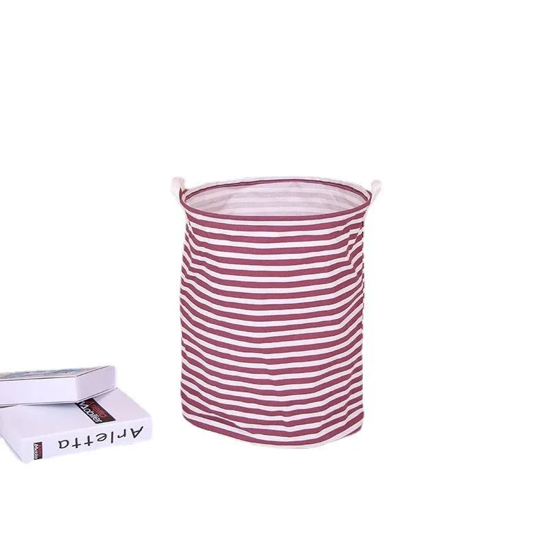 Striped cotton and linen storage basket, 40 x 50cm, with double handles, shown in black or red for laundry, toys or household use.
