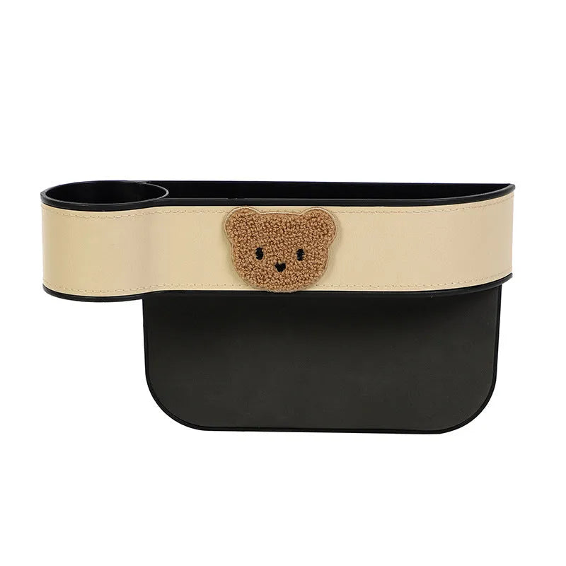 Car seat gap storage box with cartoon bear design made from leather