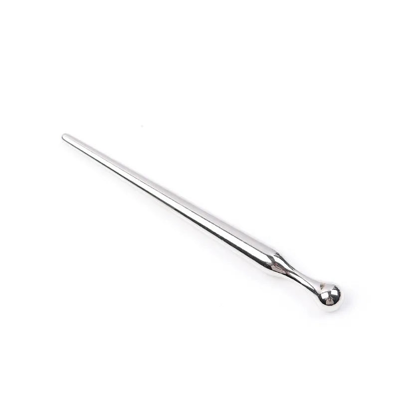 Silver metal urethral plug stick with graduated round beads and horse eye base