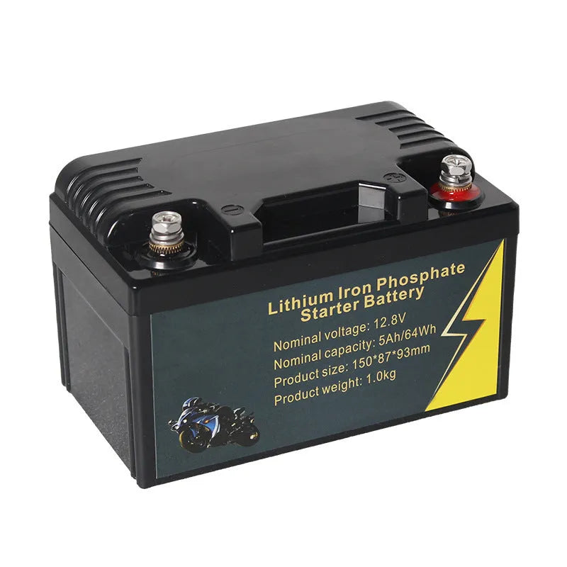 Black 12V 100Ah lithium iron phosphate battery showing terminal connections and housing
