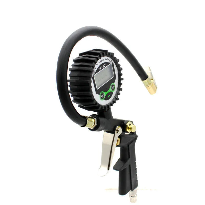 Black digital tyre pressure gauge with HD display and gun handle on white background