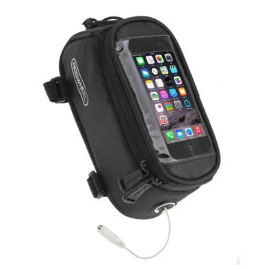 ROSWHEEL black bicycle frame bag mounted on bike frame holding mobile phone