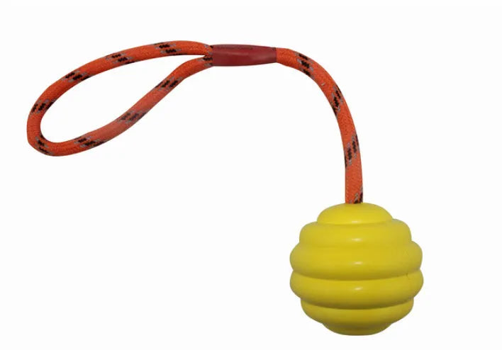 Multi-colour rubber pet ball toy with rope knot texture measuring 6x30cm