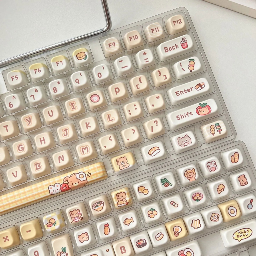 Set of 140 Rabbit Bear Restaurant themed PBT keycaps with EOA height profile laid out.