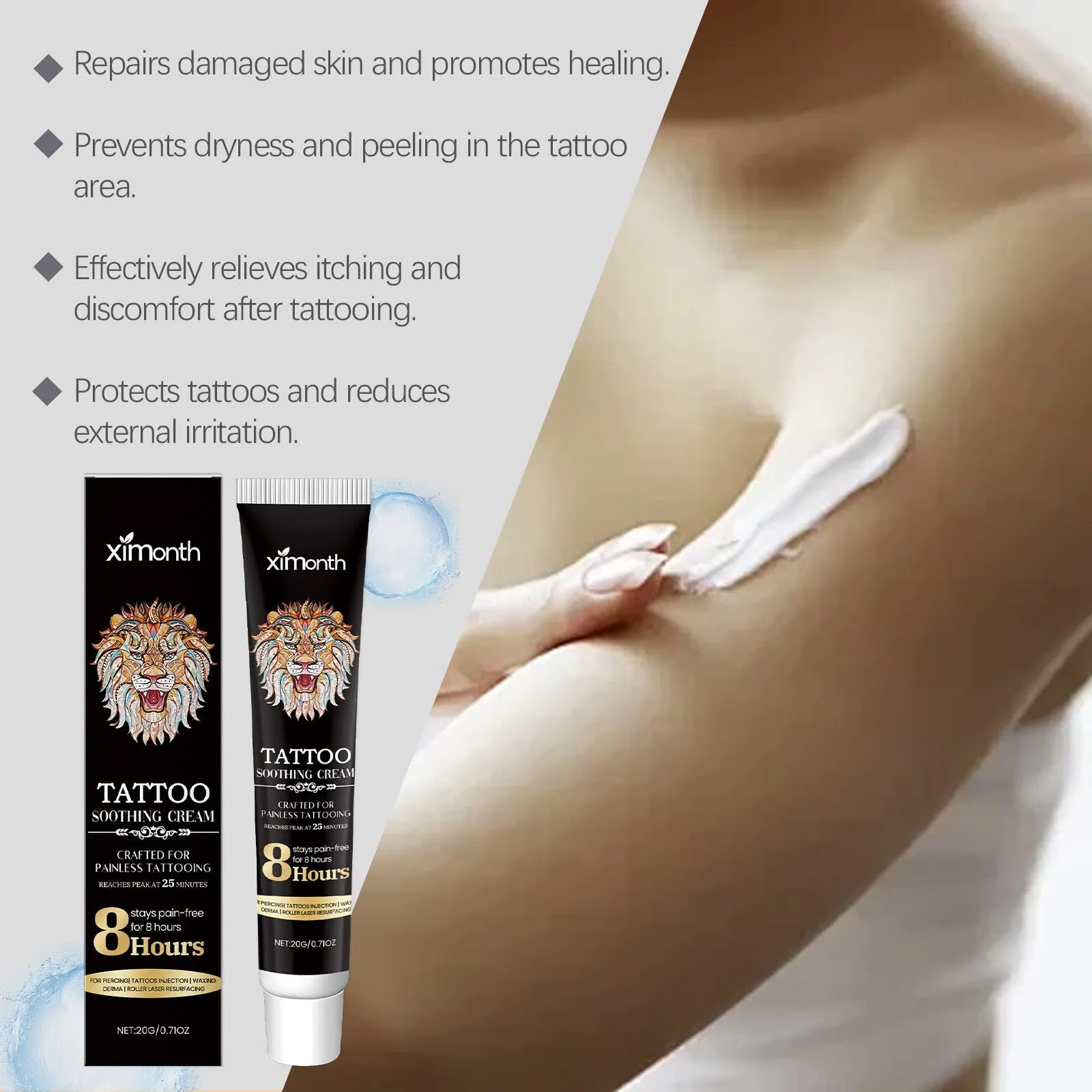 20g tattoo soothing neck cream container with botanical active ingredients for post-tattoo care