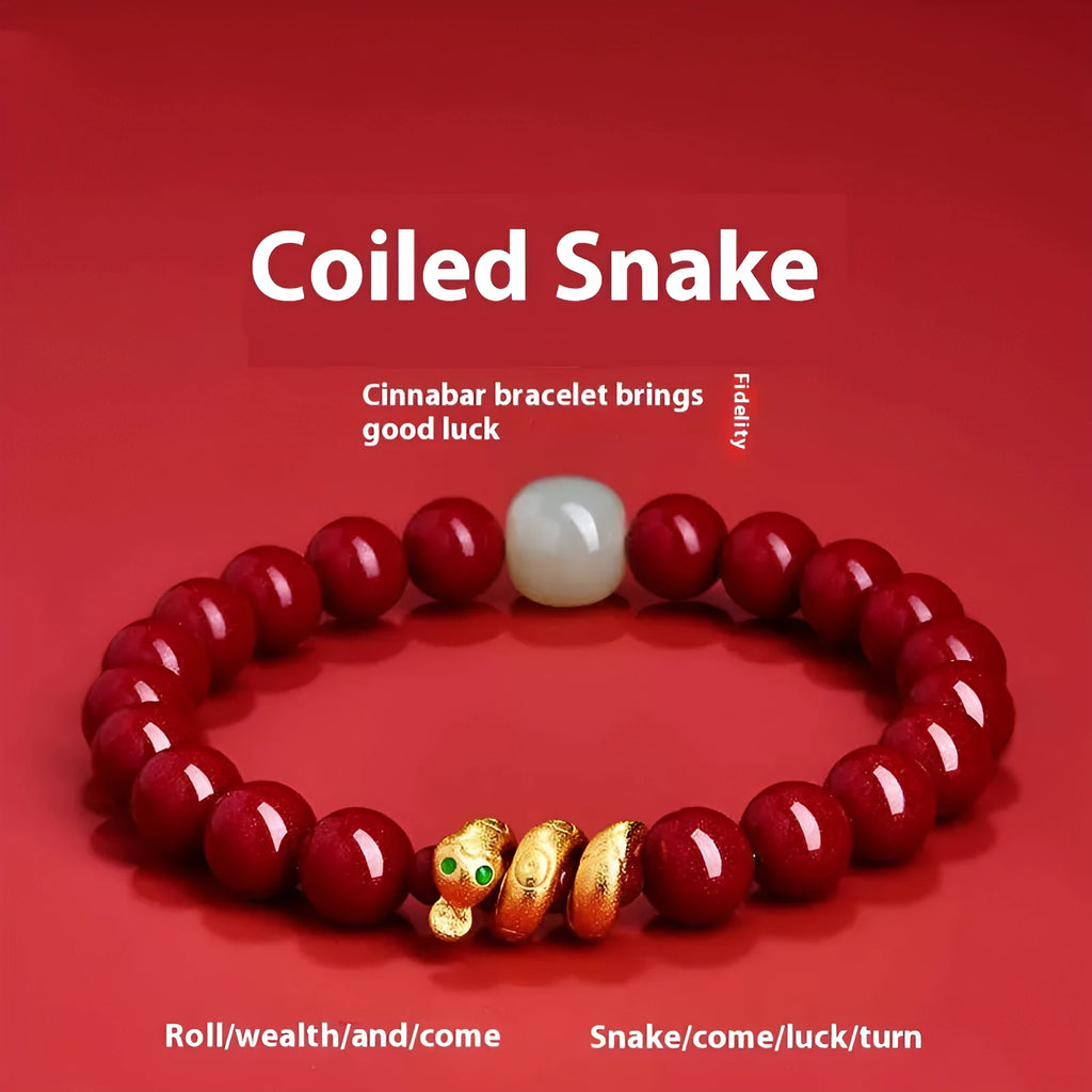 Handmade red cinnabar snake zodiac bracelet with roll snake beads in Chinese style