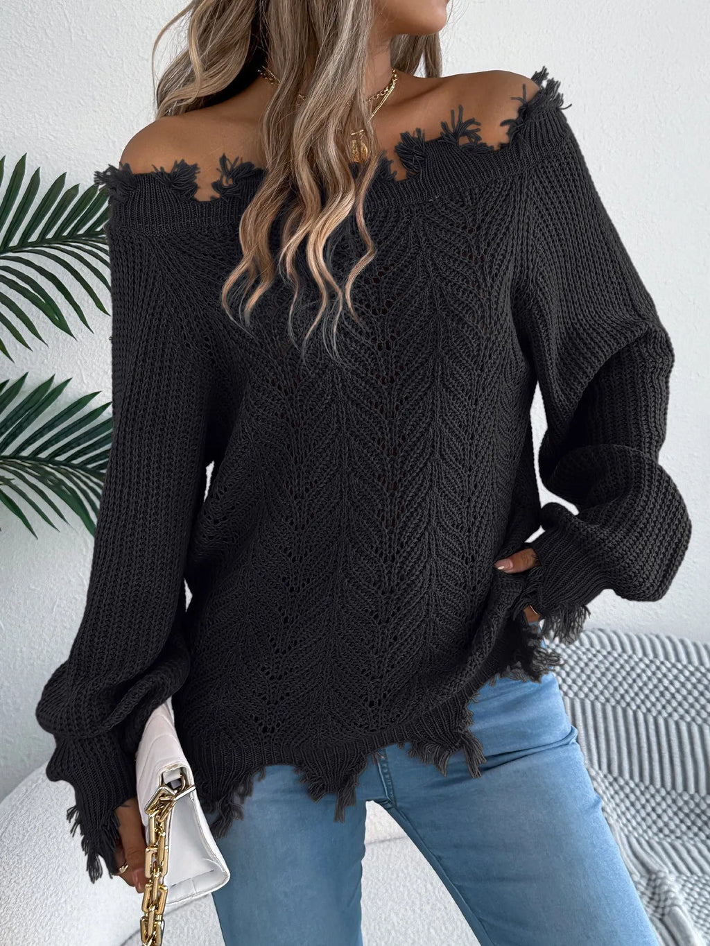 Women's white hollow-out cut off shoulder pullover sweater with long sleeves