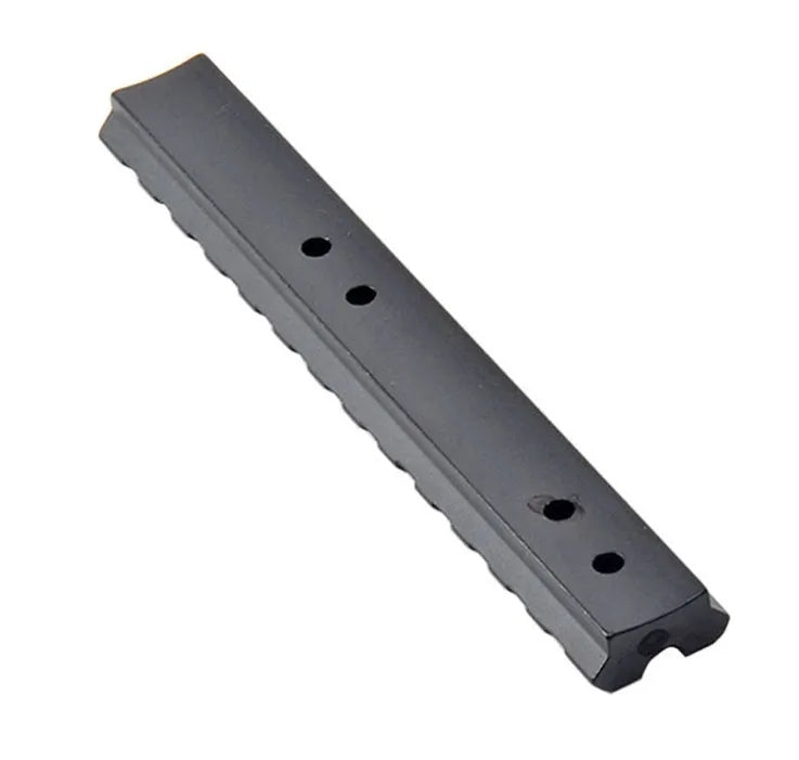 Black aluminium shotgun scope mount with 140mm rail showing 13 adjustment slots and included allen key