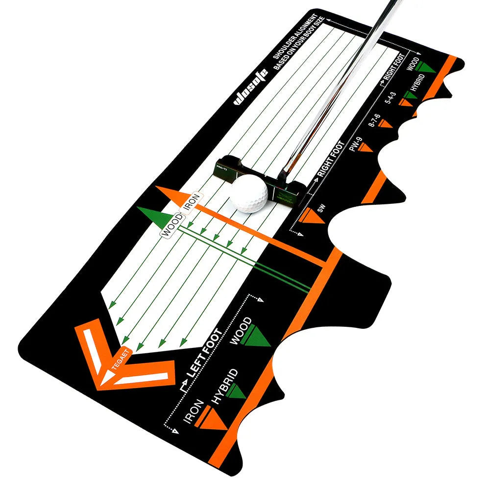 Black neoprene golf swing posture training pad on grass for stance alignment correction.