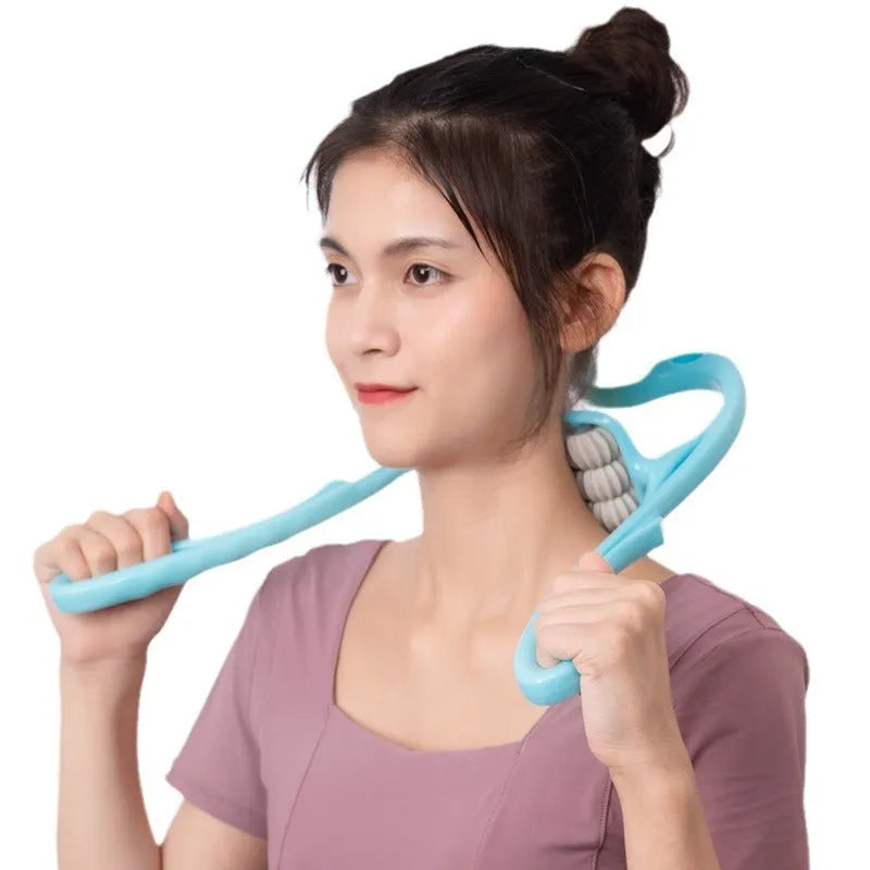 Blue handheld plastic massager with six rotating wheels for neck, shoulder, and waist.