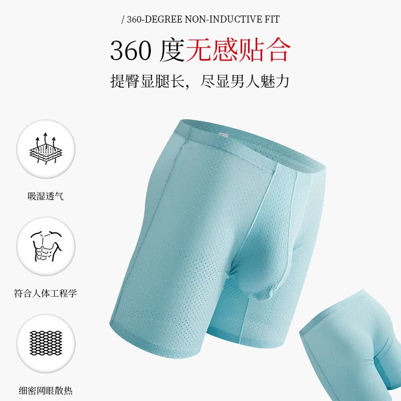 Men's nylon mesh boxer shorts in transparent lengthened design, mid-waist sports underwear, sizes M to XXL.