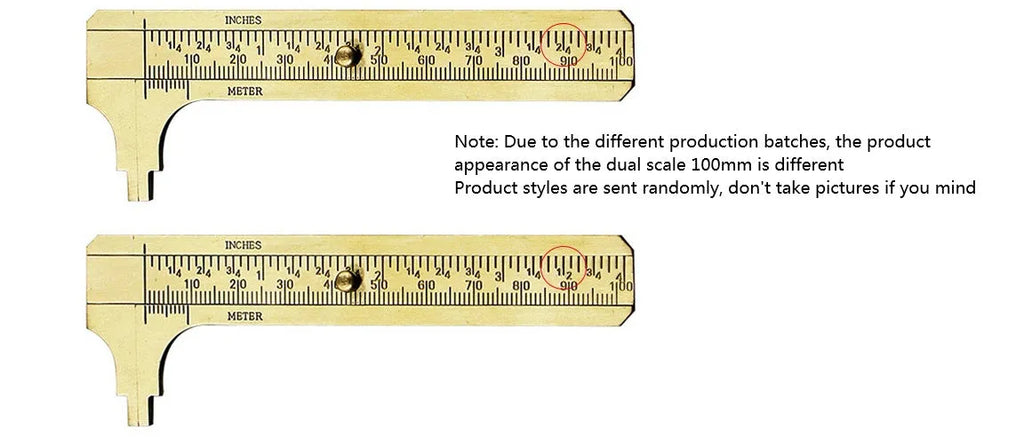Mini copper vernier caliper with double scale, 100mm range, and 24mm card foot for small object measuring