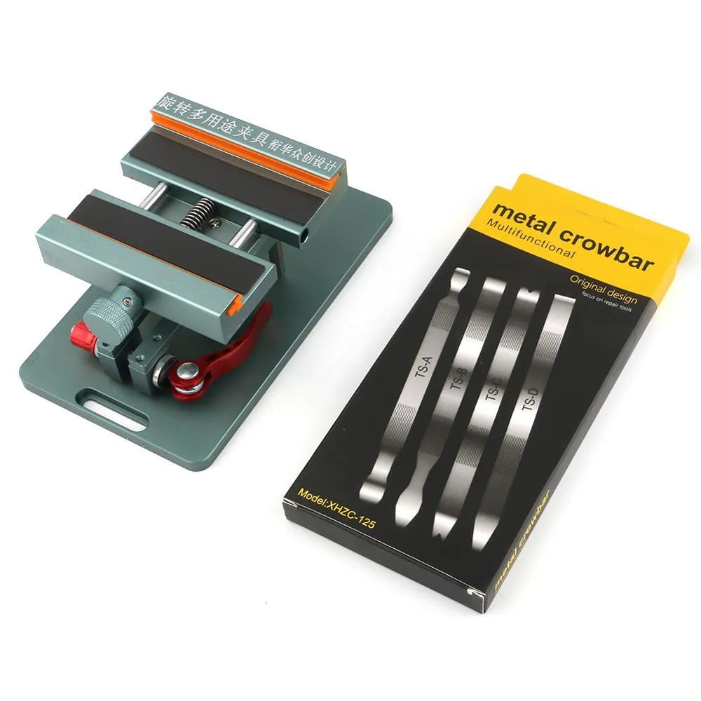A general mobile phone repair clamping fixture with a silicone grip and adjustable arms.
