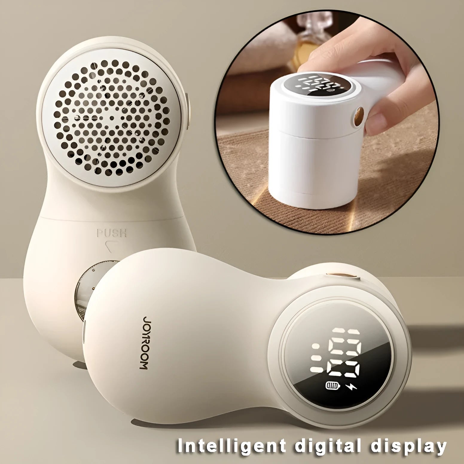 White electric lint remover with digital display and USB charging port