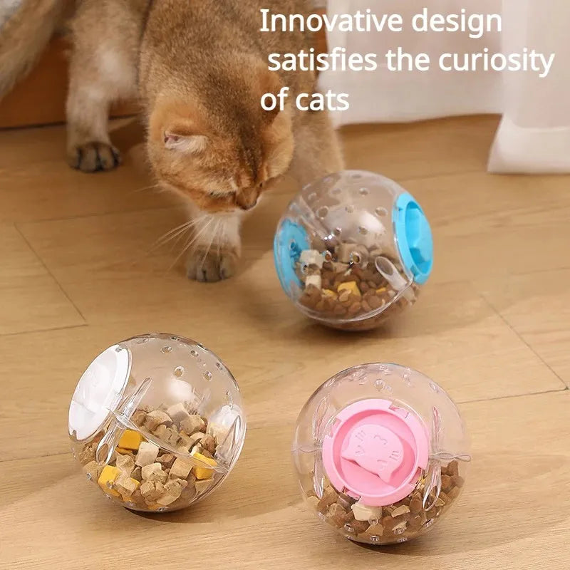 Blue ABS plastic slow feeding ball for dogs and cats, 11.5cm in diameter, on a plain background.