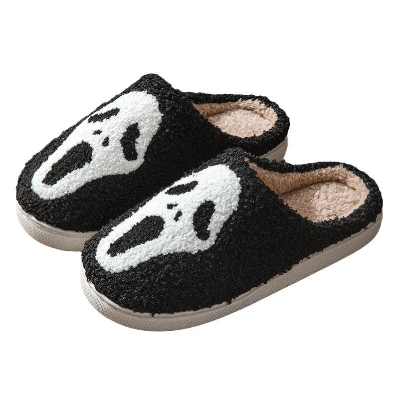 Halloween couple slippers with Lightning Ghost Face embroidery in black and orange on suede upper