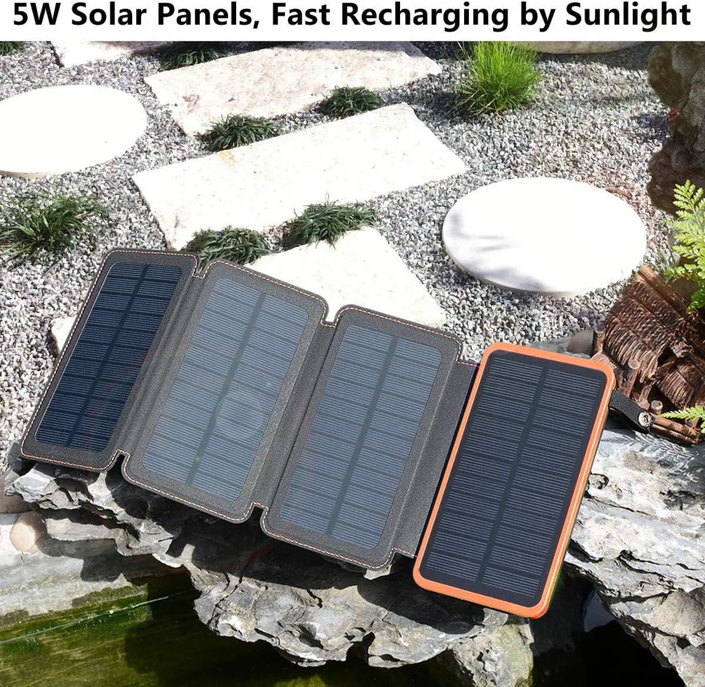 Solar power bank with monocrystalline panel showing black, blue, green, and orange colour options
