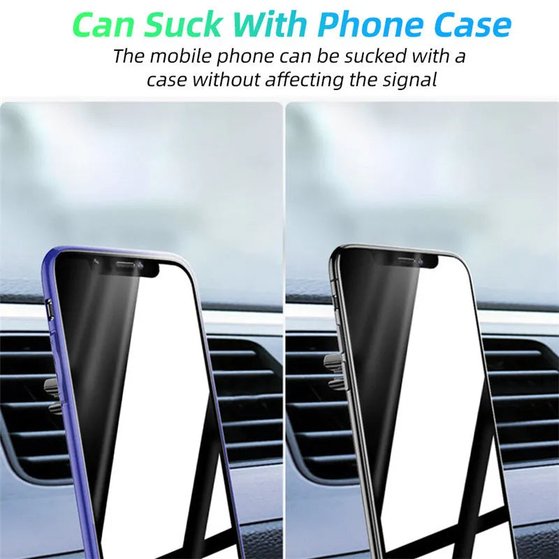 Black magnetic car phone holder mounted on vehicle air vent with smartphone attached