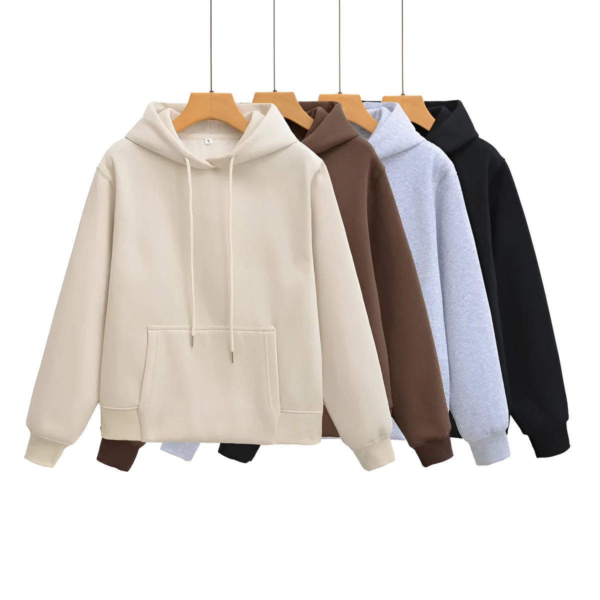 Women's hooded sweater and wide-leg pants set in solid colour beige, polyester blend, sizes S to XL
