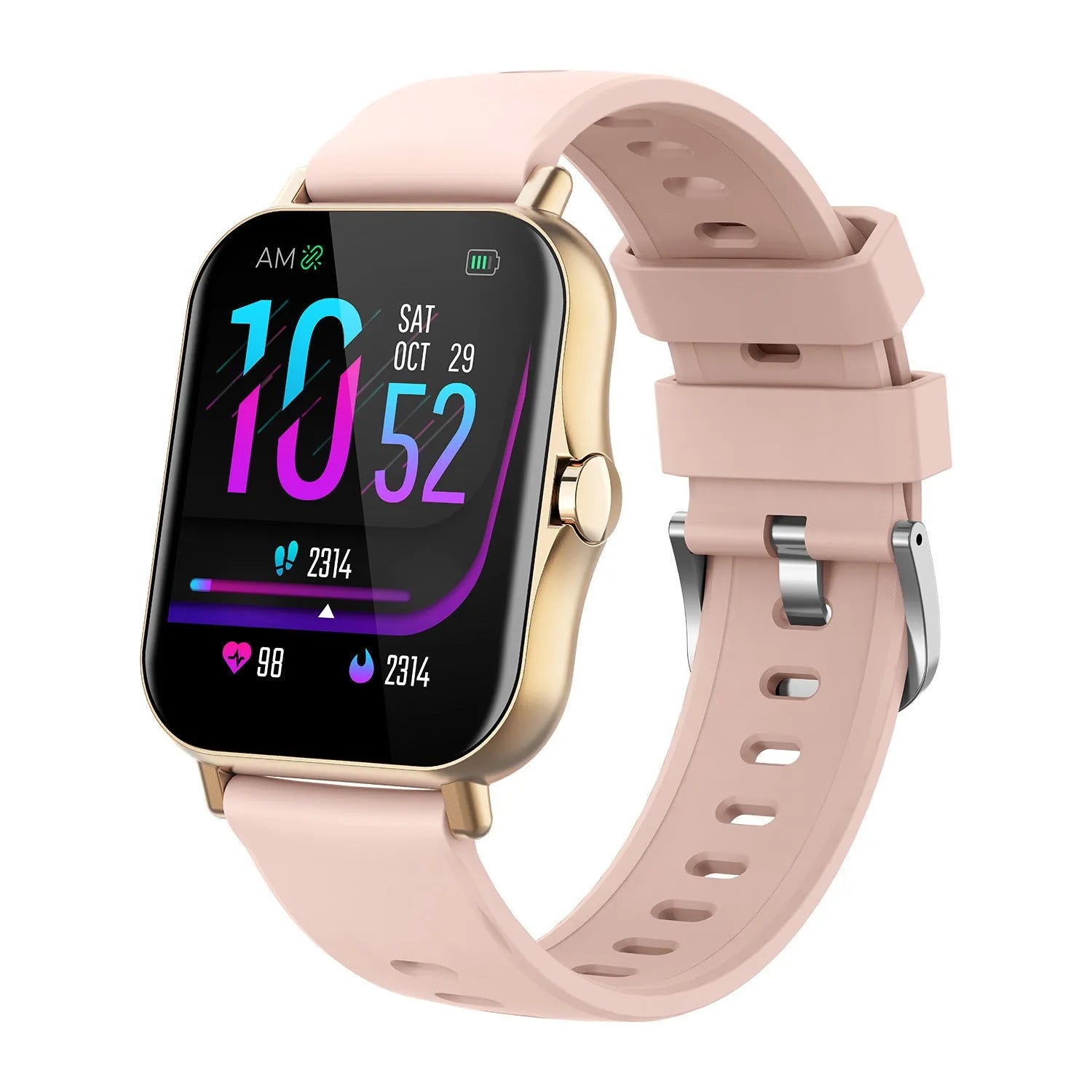 W10 Bluetooth smart watch with heart rate monitor on a wrist, showing a black colour option with a curved touch screen.